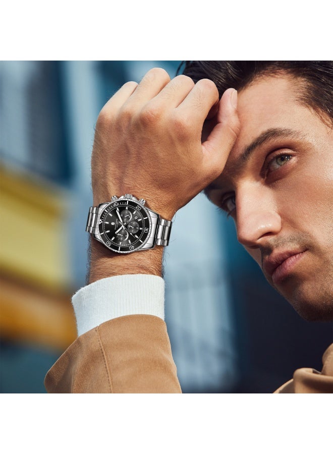 سافيرو ساعة سابفيرو كرونوغراف رجالية من الفولاذ المقاوم للصدأ، مقاومة للماء حتى عمق 50 مترًا، ساعة كوارتز تناظرية مع عرض التاريخ، ساعة كلاسيكية فاخرة وأنيقة، هدية مثالية للرجال. - Image 2